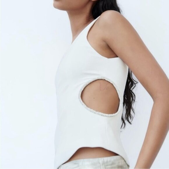 Zara - Ladies One Shoulder Asymmetric Rhinestone Top-White. Size: M. NWT. (1431) - Picture 7 of 14